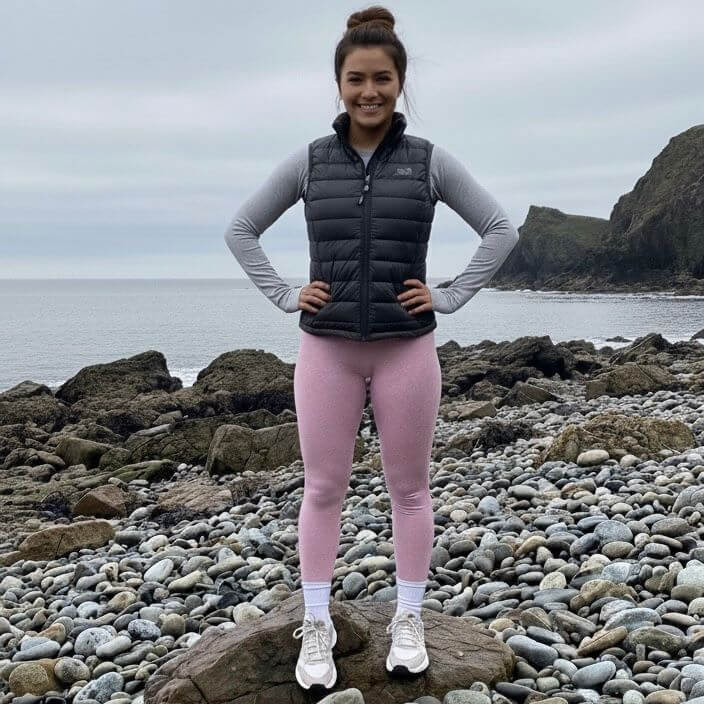 ATHENYX Women’s ATHENA Scrunch Bum Leggings - High Waist - Brown/Pink/Blue - showing the model wearing the leggings on a beach.