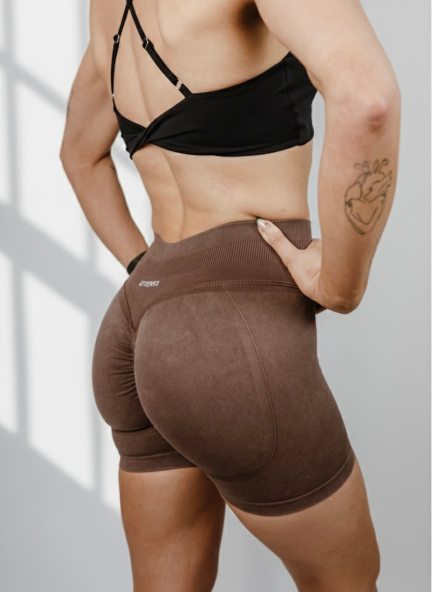 ATHENYX ATHENA Scrunch Bum Shorts - High Waist - Brown