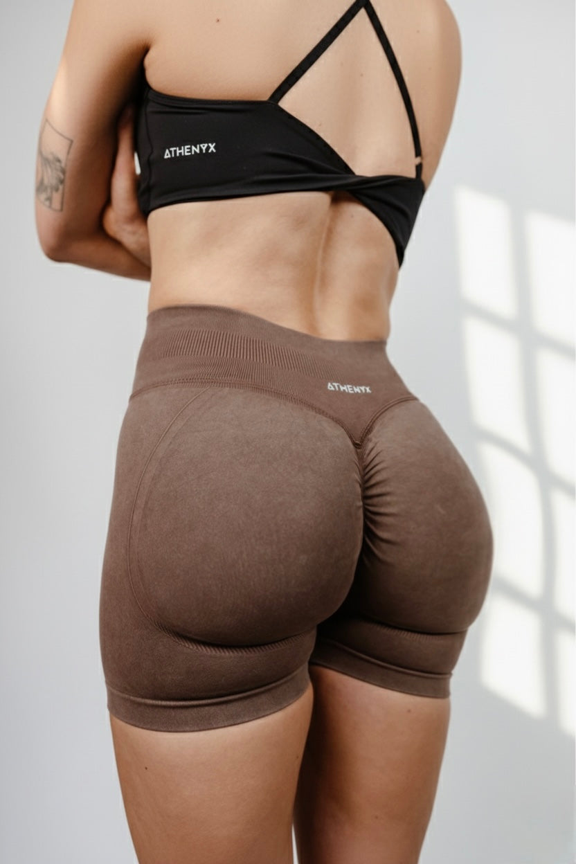 ATHENYX ATHENA Scrunch Bum Shorts - High Waist - Brown