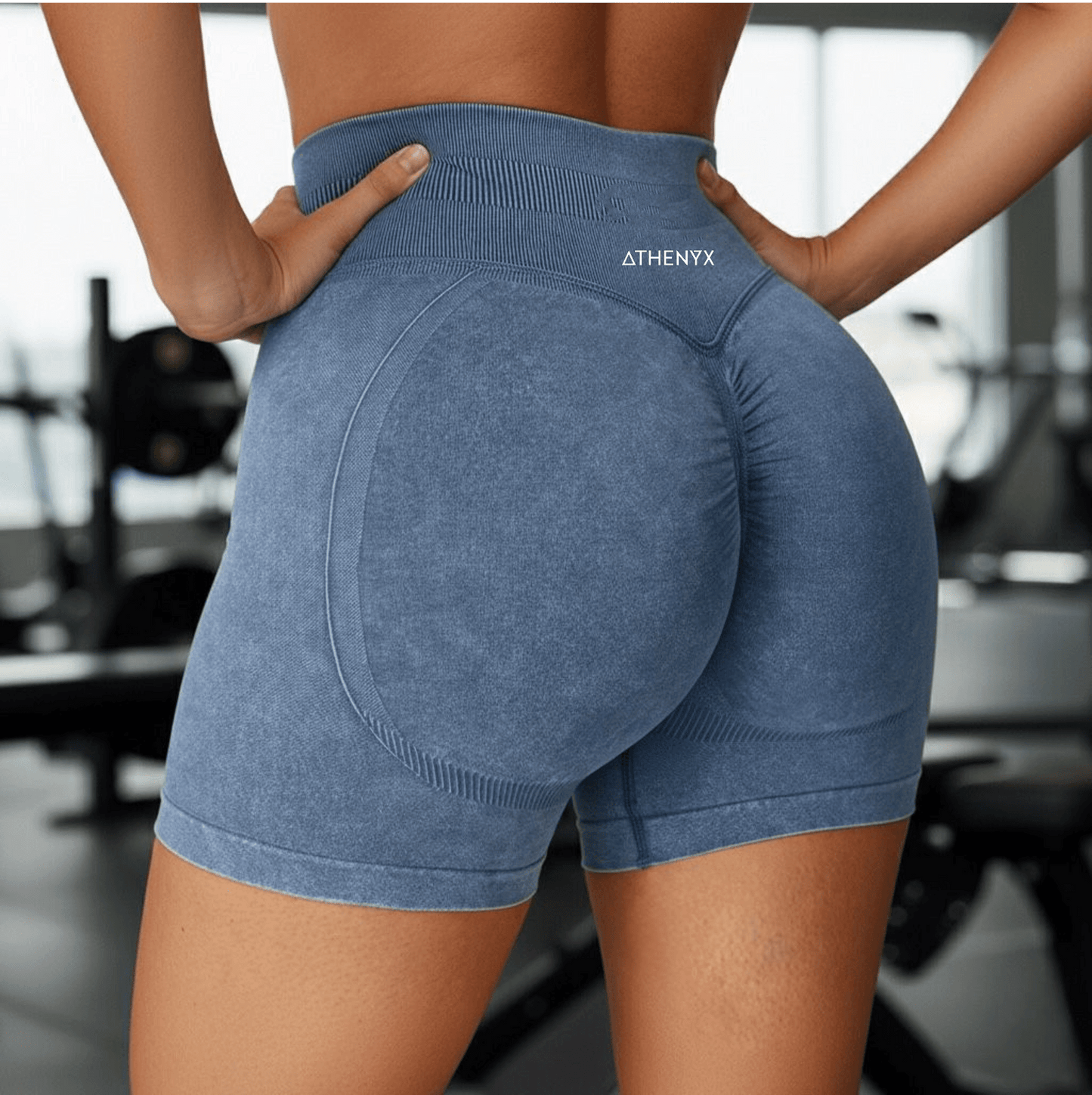 ATHENYX ATHENA Scrunch Bum Shorts - High Waist - Brown/Pink/Blue - close up view of the back of the models shorts.