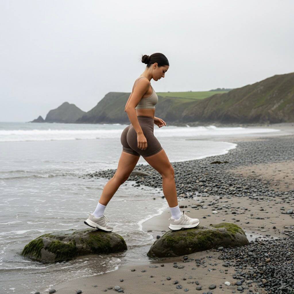 ATHENYX ATHENA Scrunch Bum Shorts - High Waist - Brown/Pink/Blue - side view of the model stepping on stones.