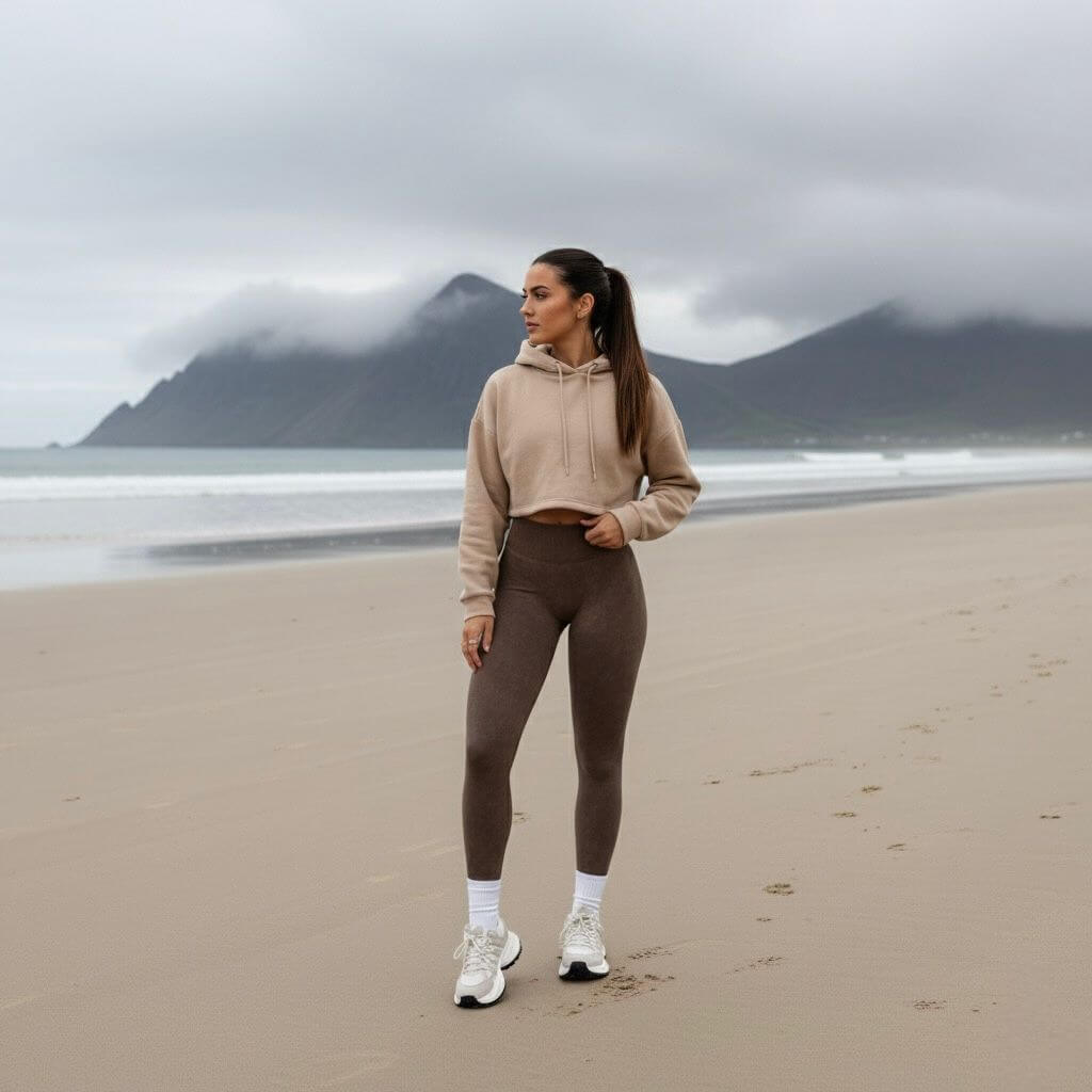 ATHENYX Women’s ATHENA Scrunch Bum Leggings - High Waist - Brown/Pink/Blue - model standing further back on the beach.