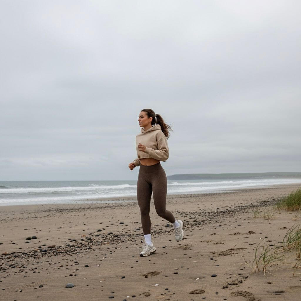 ATHENYX Women’s ATHENA Scrunch Bum Leggings - High Waist - Brown/Pink/Blue - model running on the beach.