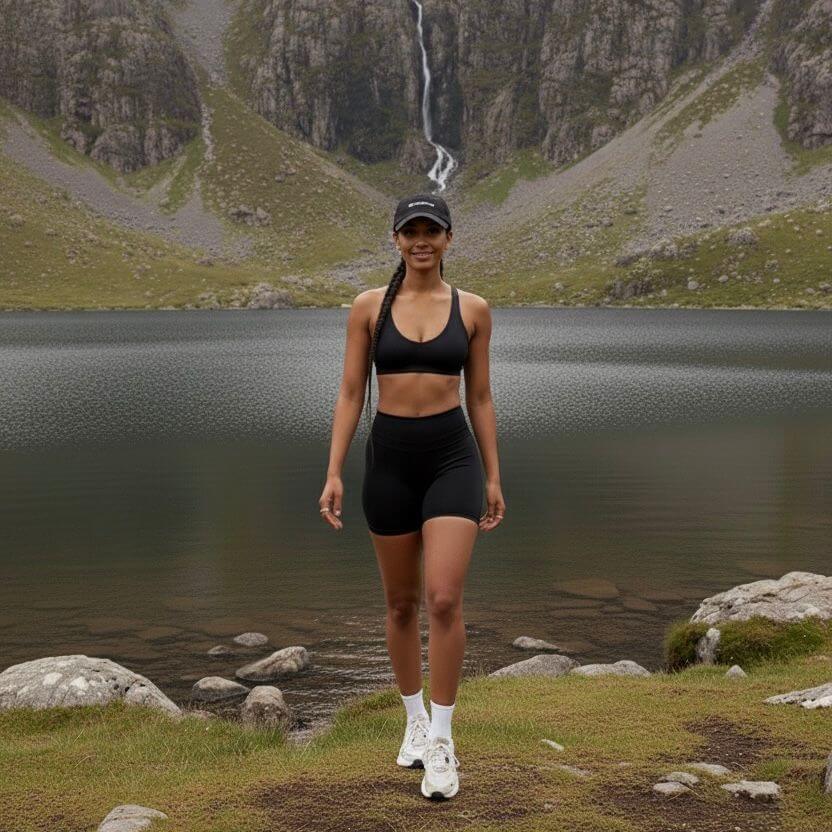 ATHENYX Women's CORA Crafted Shorts - High Waist - Black/Navy - full view on the set by the river.