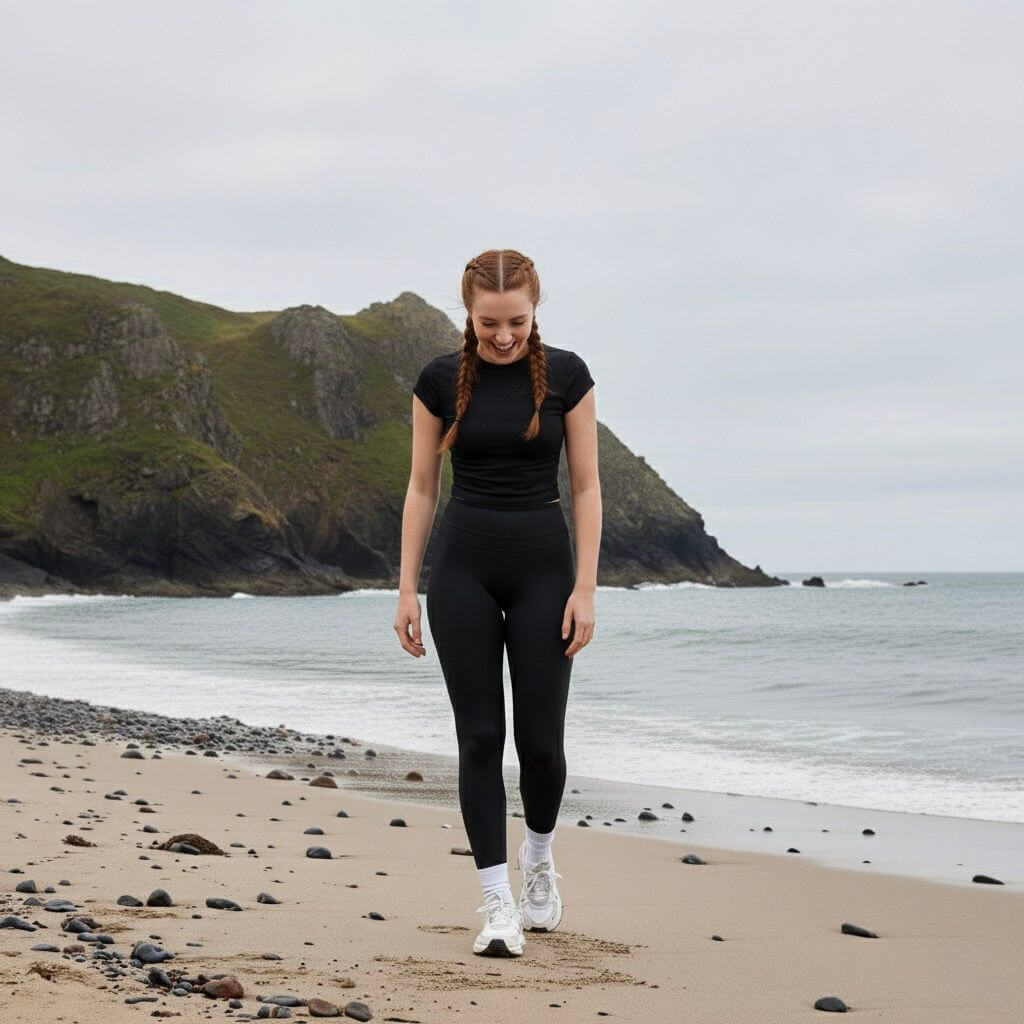 ATHENYX Women's CORA Crafted Leggings - High Waist - Black/Navy on model walking by the beach.