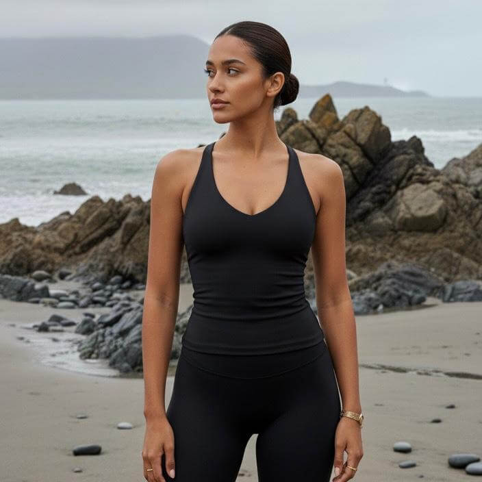 ATHENYX Women's CORA Crafted Sleeveless Top - Lightweight - Black/Navy on model at beach.