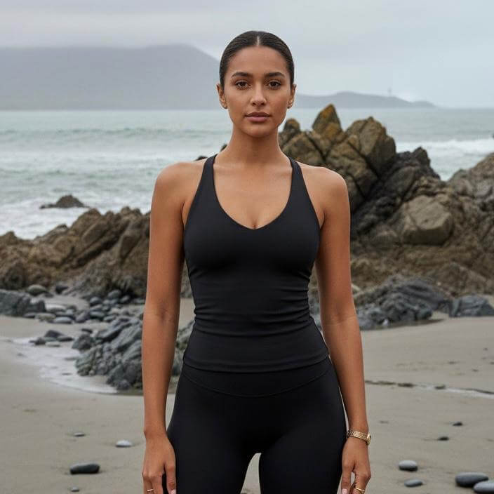 ATHENYX Women's CORA Crafted Sleeveless Top - Lightweight - Black/Navy model on a beach with rocks.