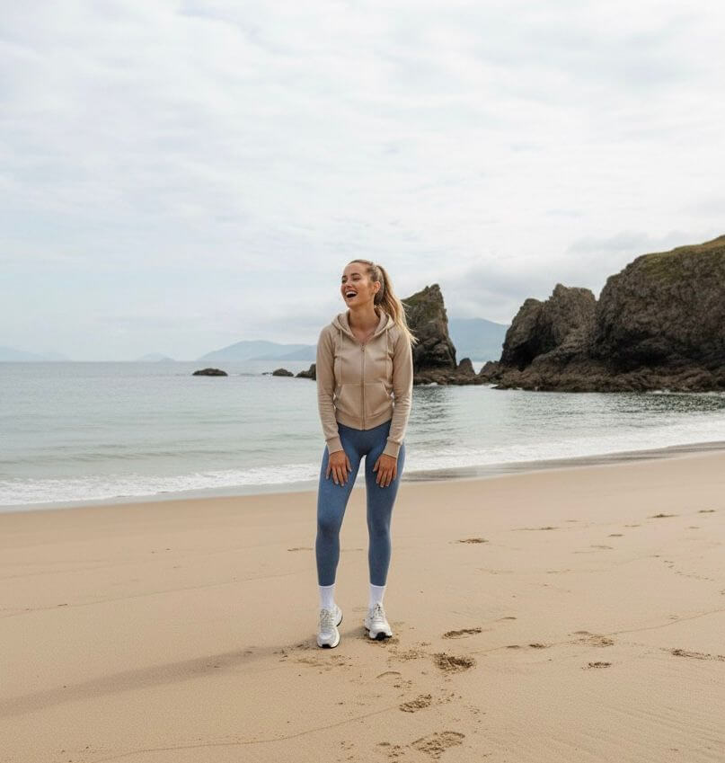 ATHENYX Women’s ATHENA Scrunch Bum Leggings - High Waist - Brown/Pink/Blue - model standing on the sand showcase the leggings.