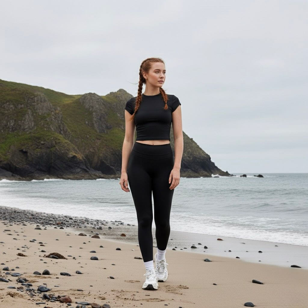 ATHENYX Women's CORA Crafted Short Sleeve Top - Stretch - Black/Navy worn by a woman walking along the beach.